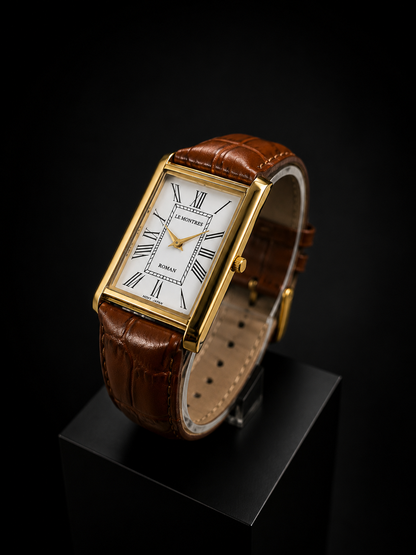 New Le Montres Classic Tank Quartz Men's Watch White Roman Dial 26mm Gold Case LM10