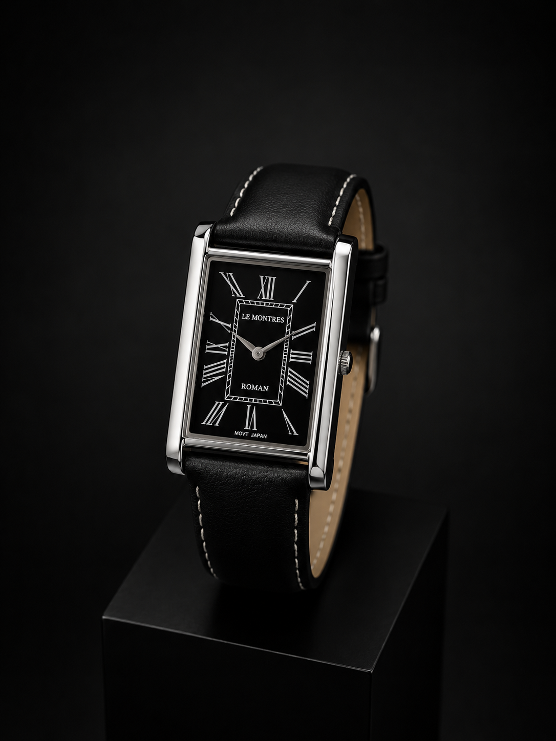 New Le Montres Classic Tank Quartz Men's Watch Black Roman Dial 26mm Silver Case LM15