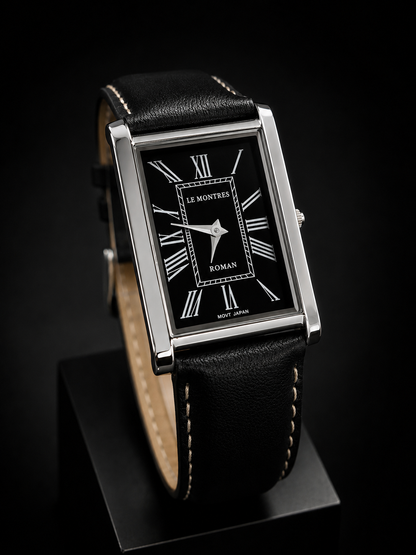 New Le Montres Classic Tank Quartz Men's Watch Black Roman Dial 26mm Silver Case LM15