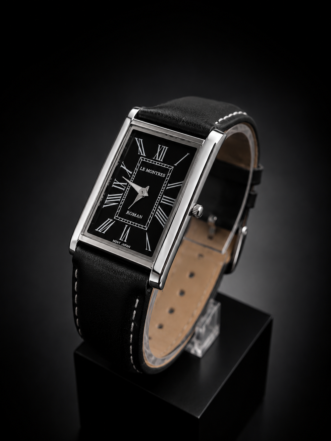 New Le Montres Classic Tank Quartz Men's Watch Black Roman Dial 26mm Silver Case LM15