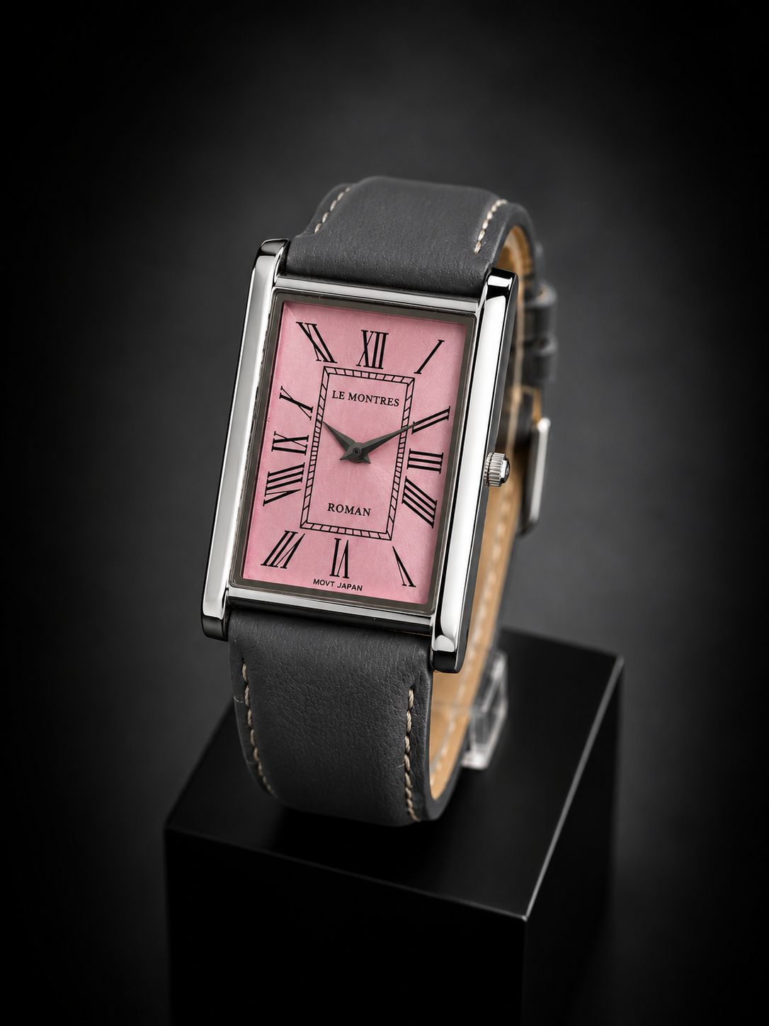 New Le Montres Classic Tank Quartz Men's Watch Pink Roman Dial 26mm Silver Case LM16