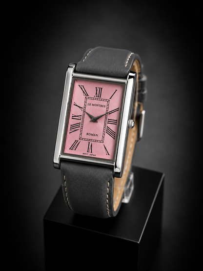 New Le Montres Classic Tank Quartz Men's Watch Pink Roman Dial 26mm Silver Case LM16