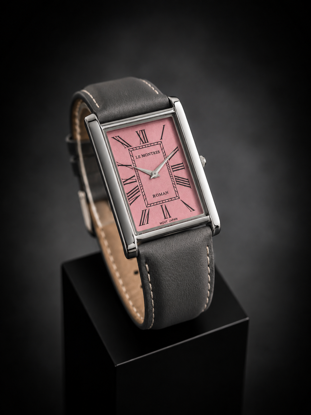 New Le Montres Classic Tank Quartz Men's Watch Pink Roman Dial 26mm Silver Case LM16