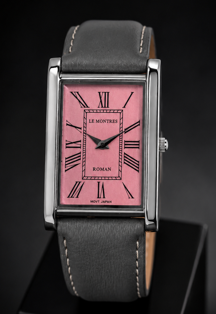 New Le Montres Classic Tank Quartz Men's Watch Pink Roman Dial 26mm Silver Case LM16