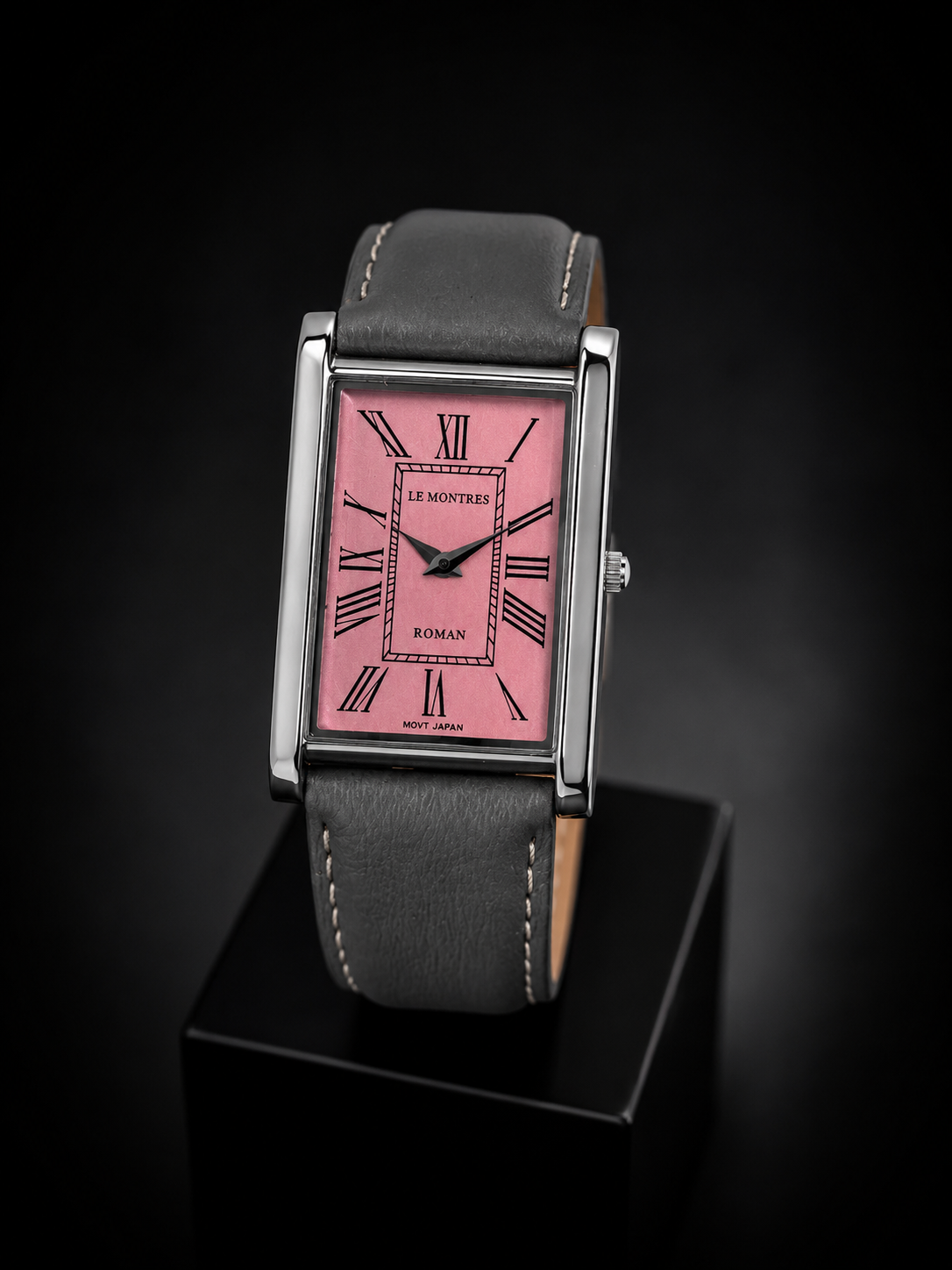 New Le Montres Classic Tank Quartz Men's Watch Pink Roman Dial 26mm Silver Case LM16