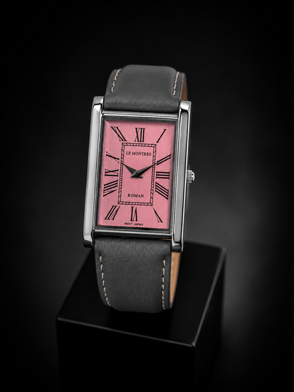 New Le Montres Classic Tank Quartz Men's Watch Pink Roman Dial 26mm Silver Case LM16