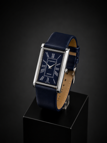 New Le Montres Classic Tank Quartz Men's Watch Blue Roman Dial 26mm Silver Case LM18
