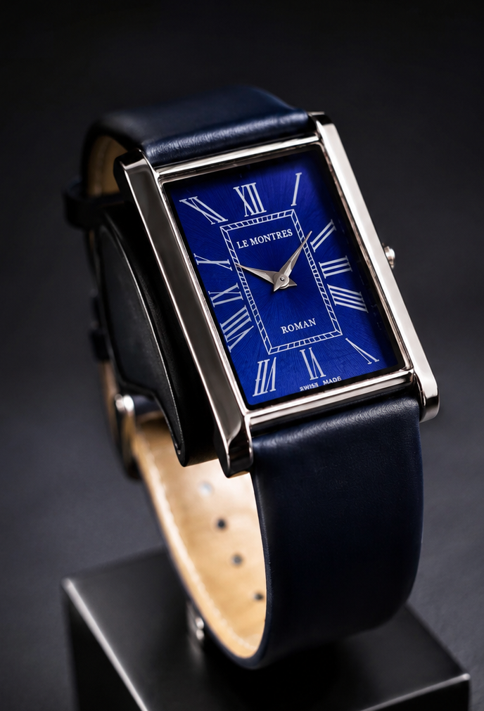 New Le Montres Classic Tank Quartz Men's Watch Blue Roman Dial 26mm Silver Case LM18