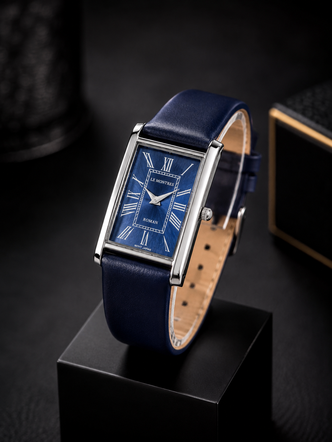 New Le Montres Classic Tank Quartz Men's Watch Blue Roman Dial 26mm Silver Case LM18