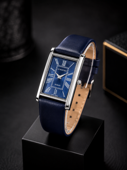 New Le Montres Classic Tank Quartz Men's Watch Blue Roman Dial 26mm Silver Case LM18