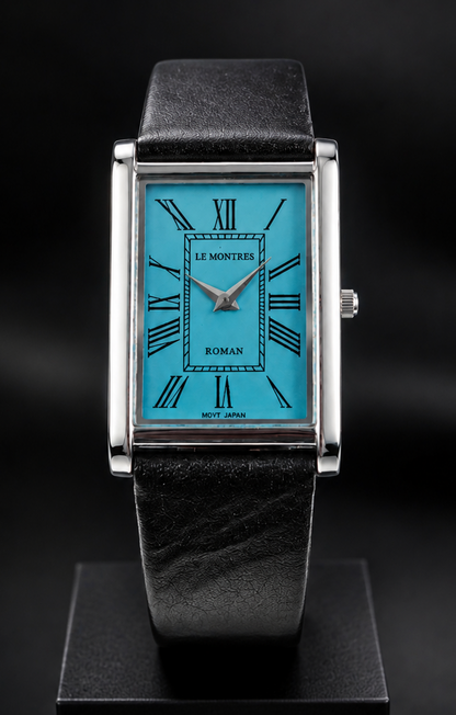 New Le Montres Classic Tank Quartz Men's Watch Sky Blue Roman Dial 26mm Silver Case LM17