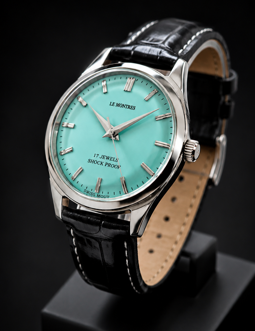 New Le Montres Mechanical Hand Winding Tiffany Blue Face Men's Wristwatch - Powered by Vintage Swiss Made St96 Movement