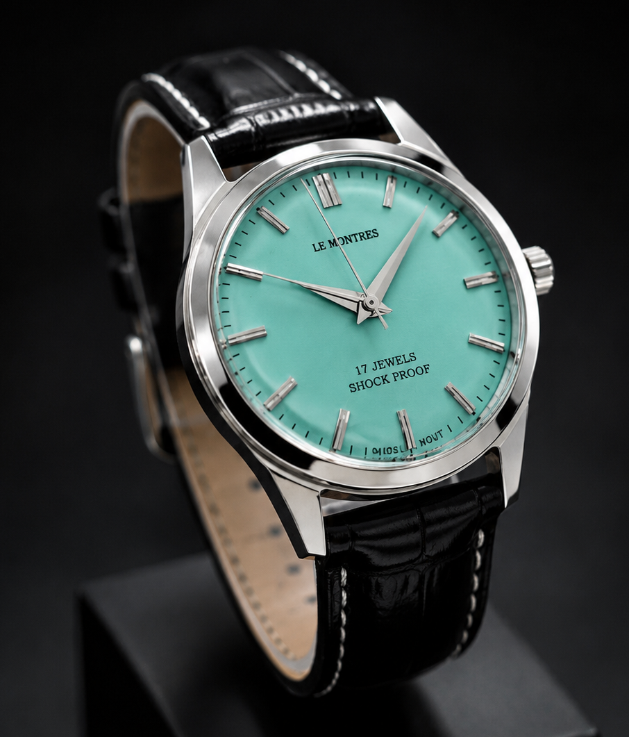 New Le Montres Mechanical Hand Winding Tiffany Blue Face Men's Wristwatch - Powered by Vintage Swiss Made St96 Movement