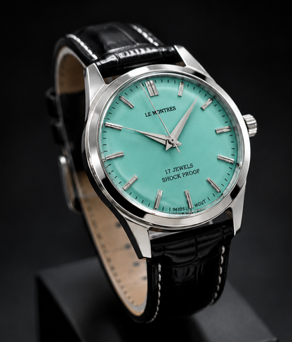 New Le Montres Mechanical Hand Winding Tiffany Blue Face Men's Wristwatch - Powered by Vintage Swiss Made St96 Movement