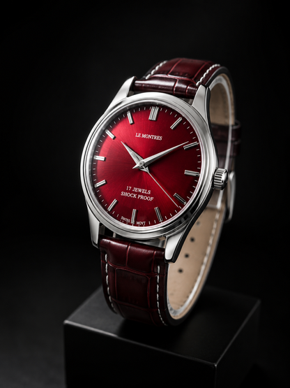 New Le Montres Mechanical Hand Winding Red Face Men's Wristwatch - Powered by Vintage Swiss Made St96 Movement