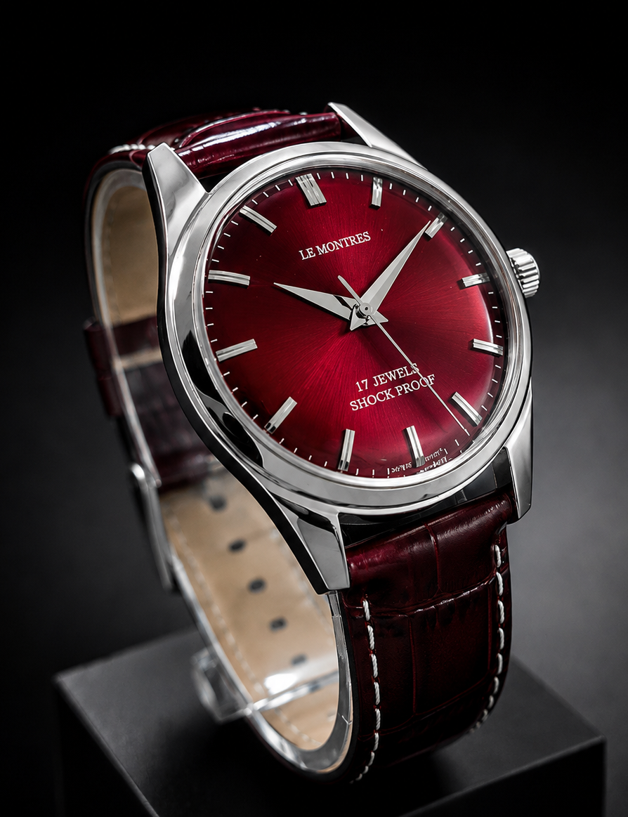 New Le Montres Mechanical Hand Winding Red Face Men's Wristwatch - Powered by Vintage Swiss Made St96 Movement