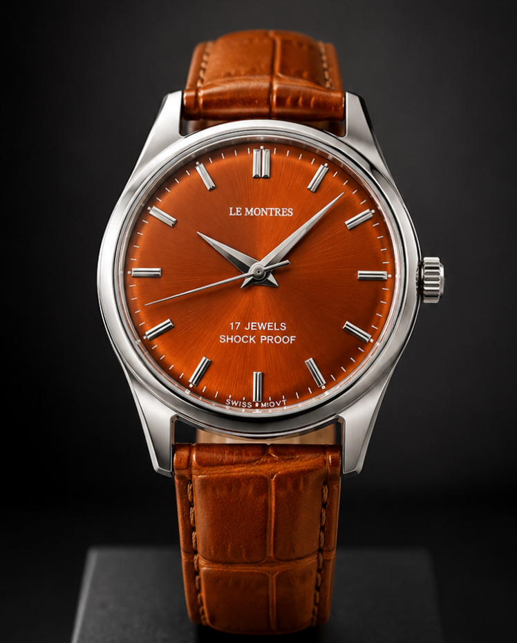 New Le Montres Mechanical Hand Winding Orange Face Men's Wristwatch - Powered by Vintage Swiss Made St96 Movement