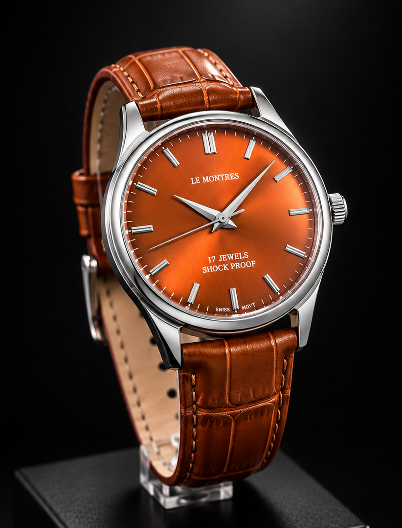 New Le Montres Mechanical Hand Winding Orange Face Men's Wristwatch - Powered by Vintage Swiss Made St96 Movement