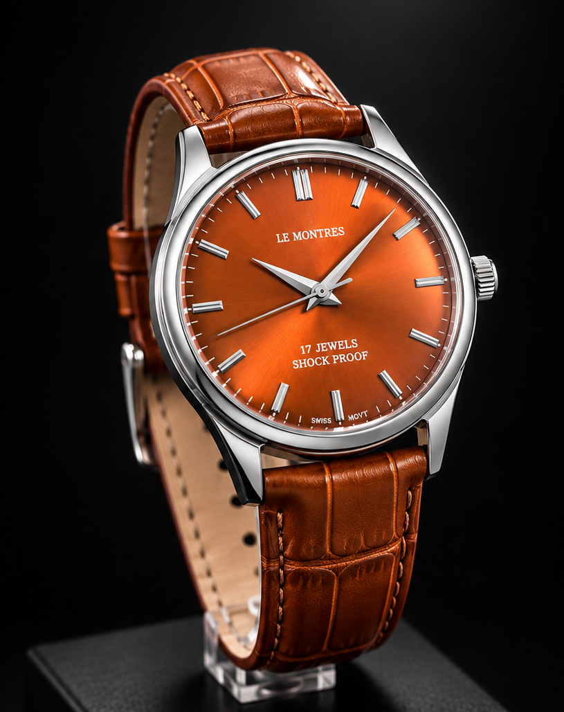 New Le Montres Mechanical Hand Winding Orange Face Men's Wristwatch - Powered by Vintage Swiss Made St96 Movement