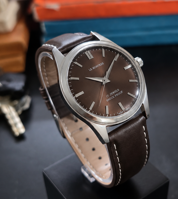 New Le Montres Mechanical Hand Winding Brown Face Men's Wristwatch - Powered by Vintage Swiss Made St96 Movement