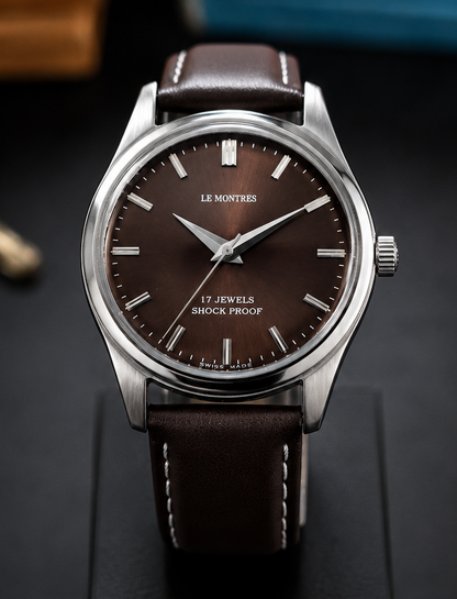 New Le Montres Mechanical Hand Winding Brown Face Men's Wristwatch - Powered by Vintage Swiss Made St96 Movement
