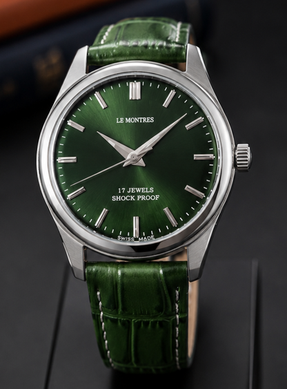 New Le Montres Mechanical Hand Winding Green Face Men's Wristwatch - Powered by Vintage Swiss Made St96 Movement