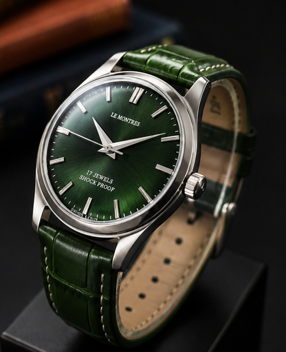 New Le Montres Mechanical Hand Winding Green Face Men's Wristwatch - Powered by Vintage Swiss Made St96 Movement