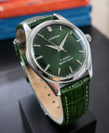 New Le Montres Mechanical Hand Winding Green Face Men's Wristwatch - Powered by Vintage Swiss Made St96 Movement