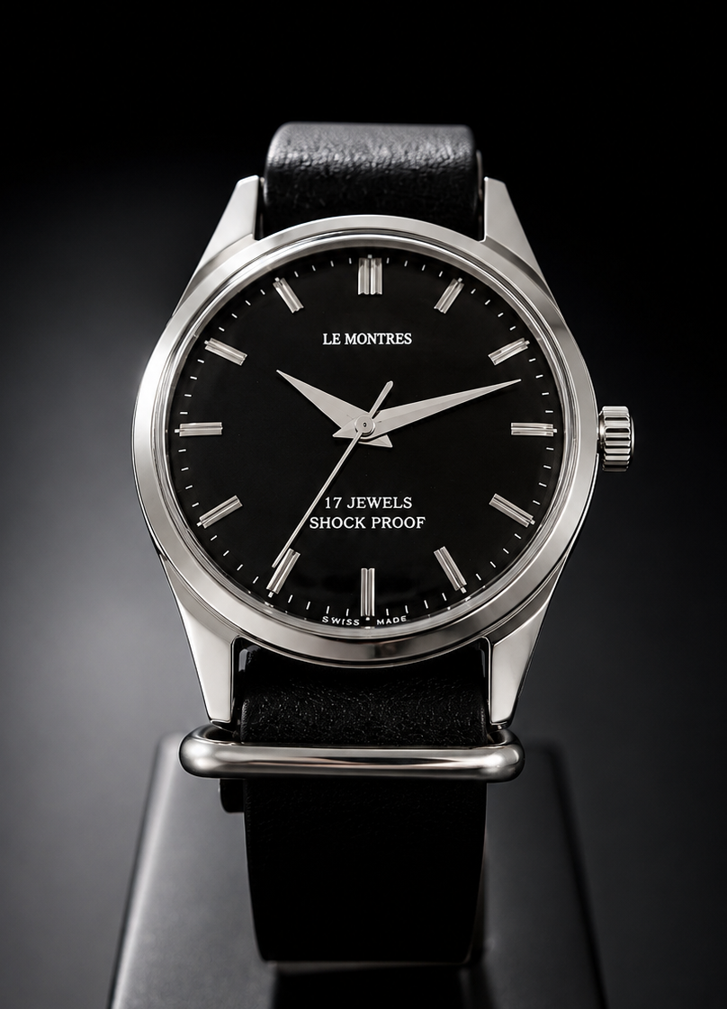 New Le Montres Mechanical Hand Winding Black Face Men's Wristwatch - Powered by Vintage Swiss Made St96 Movement