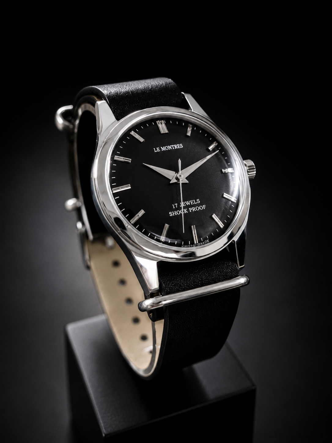 New Le Montres Mechanical Hand Winding Black Face Men's Wristwatch - Powered by Vintage Swiss Made St96 Movement