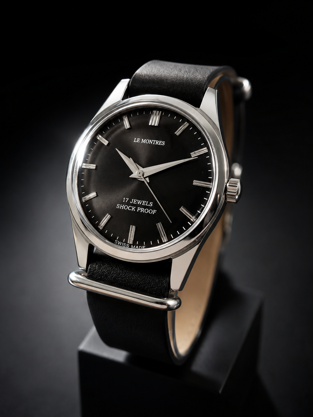 New Le Montres Mechanical Hand Winding Black Face Men's Wristwatch - Powered by Vintage Swiss Made St96 Movement