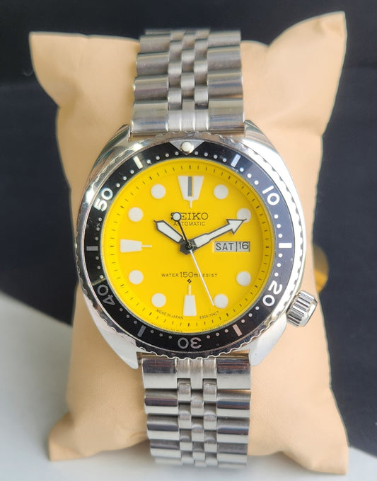 Vintage Seiko Turtle Automatic Yellow Face Cal. 6309 Jubilee Bracelet Day-Date Men's Wrist Watch E59