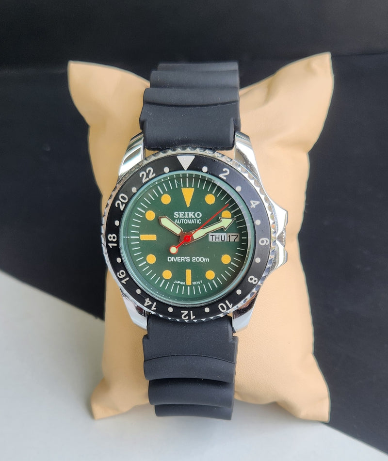 Vintage MOD Seiko Diver Automatic Cal. 6309 17 Jewels Green Face Black Silicone Strap Rotating Bezel Men's Wrist Watch E62