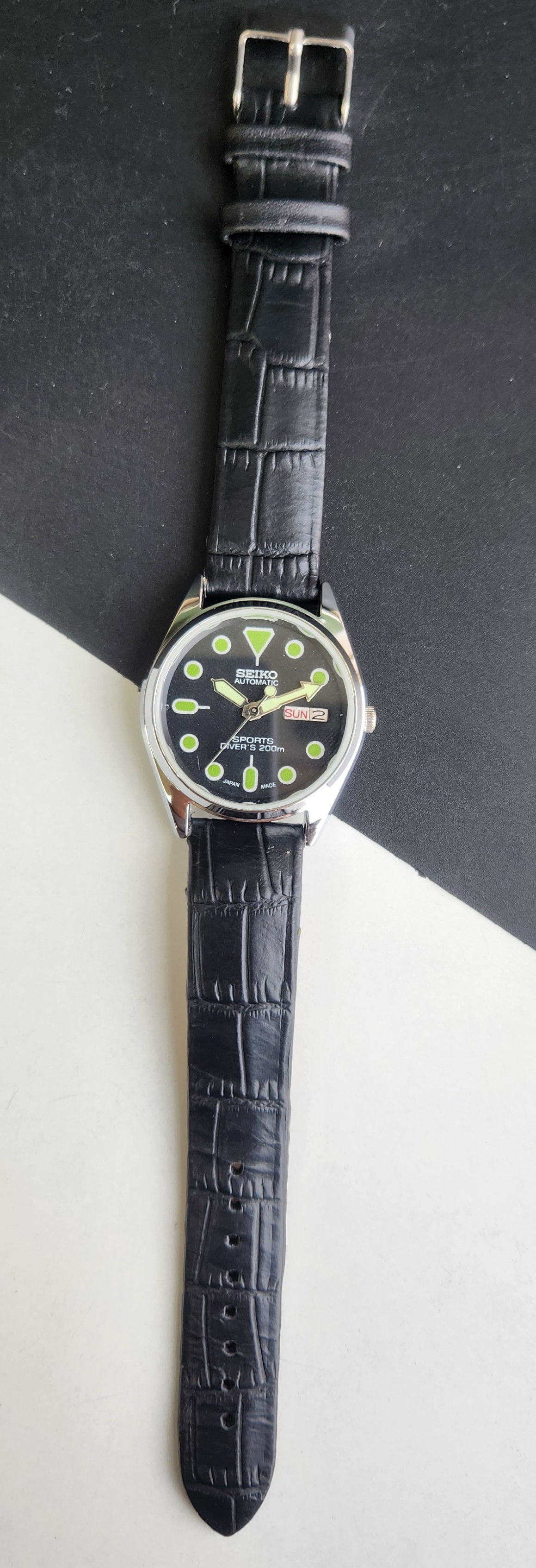 Vintage Mod Seiko 5 Automatic 6309A 17 Jewels Japan Men's Day-Date Black Face Wrist Watch E65