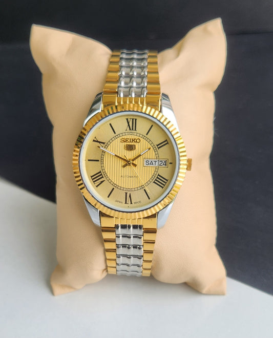 Vintage Mod Seiko Automatic 17 Jewels Cal. 6309 Golden Face Fix Bezel Two Tone Men's Wrist Watch E66