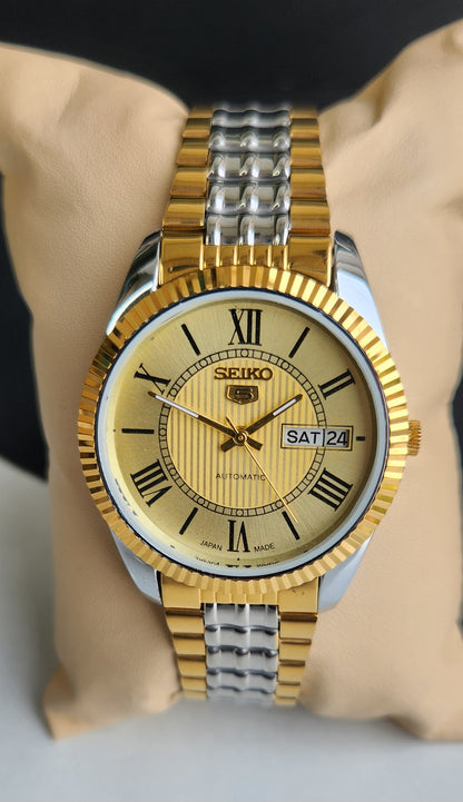 Vintage Mod Seiko Automatic 17 Jewels Cal. 6309 Golden Face Fix Bezel Two Tone Men's Wrist Watch E66