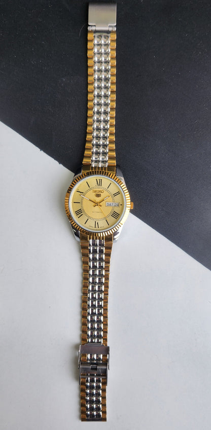 Vintage Mod Seiko Automatic 17 Jewels Cal. 6309 Golden Face Fix Bezel Two Tone Men's Wrist Watch E66