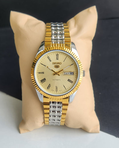 Vintage Mod Seiko Automatic 17 Jewels Cal. 6309 Golden Face Fix Bezel Two Tone Men's Wrist Watch E67