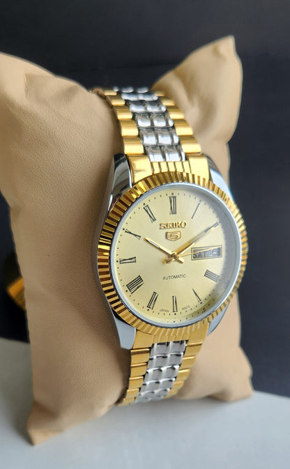 Vintage Mod Seiko Automatic 17 Jewels Cal. 6309 Golden Face Fix Bezel Two Tone Men's Wrist Watch E67