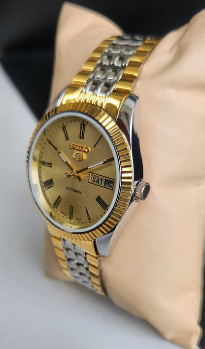 Vintage Mod Seiko Automatic 17 Jewels Cal. 6309 Golden Face Fix Bezel Two Tone Men's Wrist Watch E67