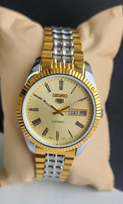 Vintage Mod Seiko Automatic 17 Jewels Cal. 6309 Golden Face Fix Bezel Two Tone Men's Wrist Watch E67