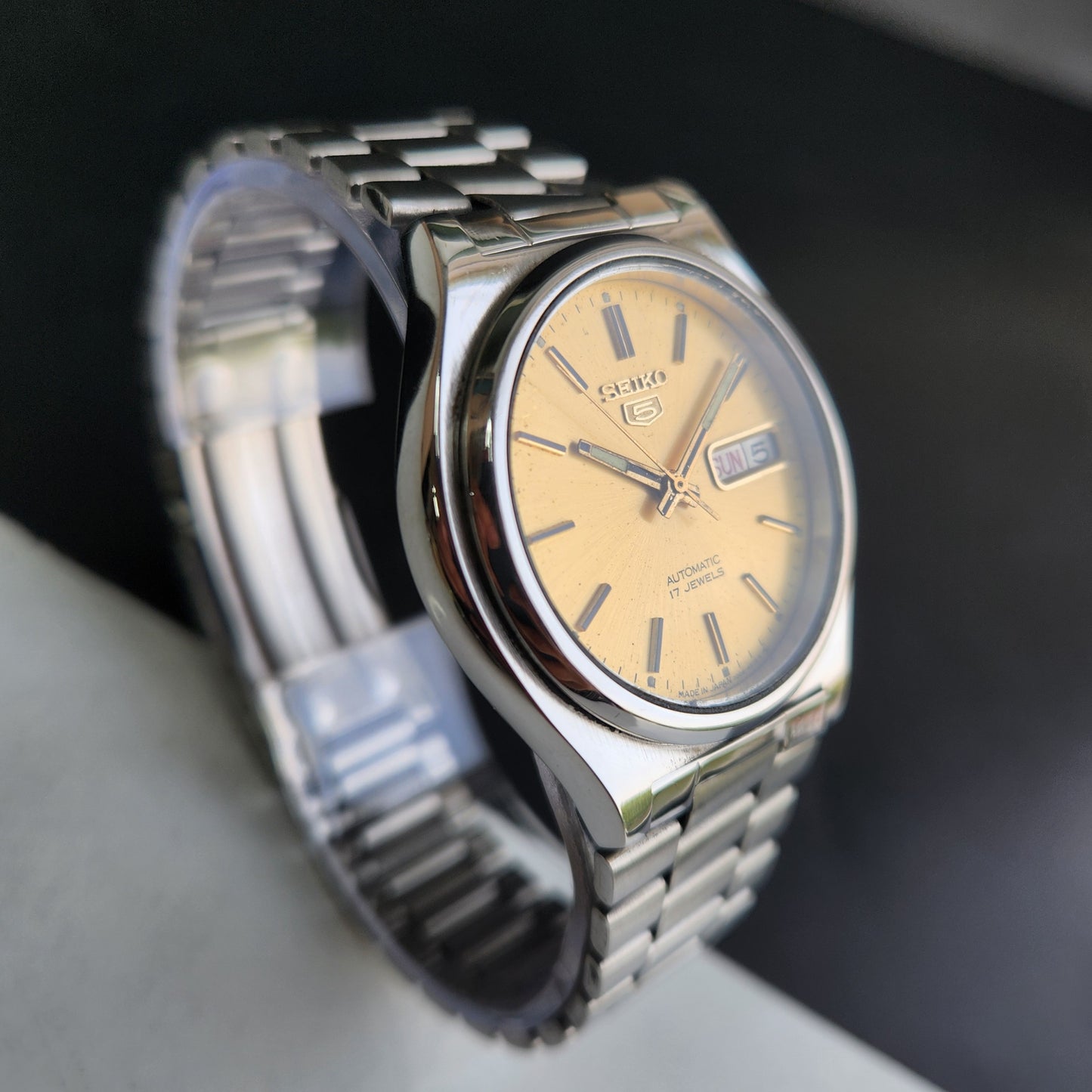 Vintage 1985 Original Seiko 5 Automatic 7009-3111 Golden Face 17 Jewels Day-Date Japanese Men's Wrist Watch EG03