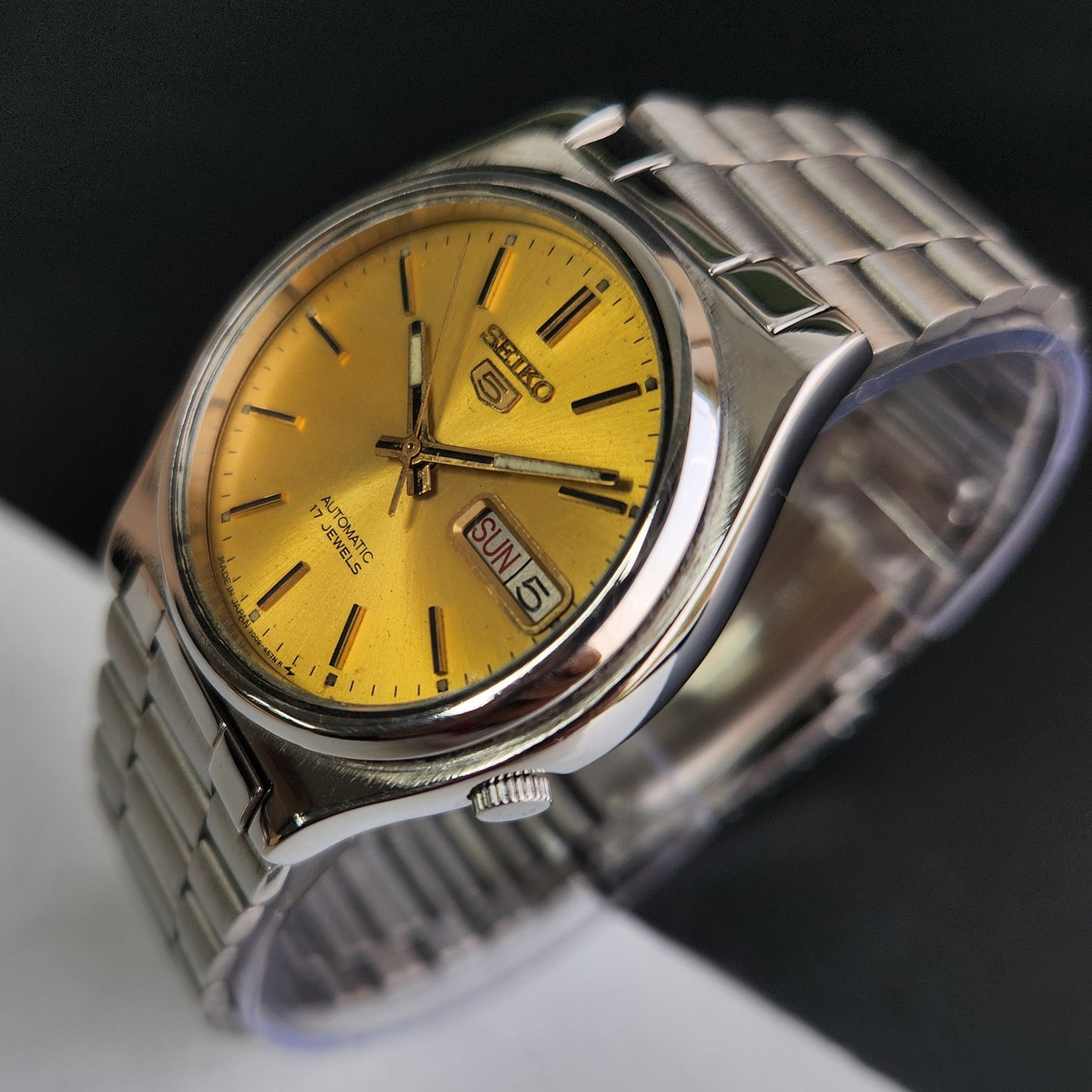 Vintage 1985 Original Seiko 5 Automatic 7009-3111 Golden Face 17 Jewels Day-Date Japanese Men's Wrist Watch EG03