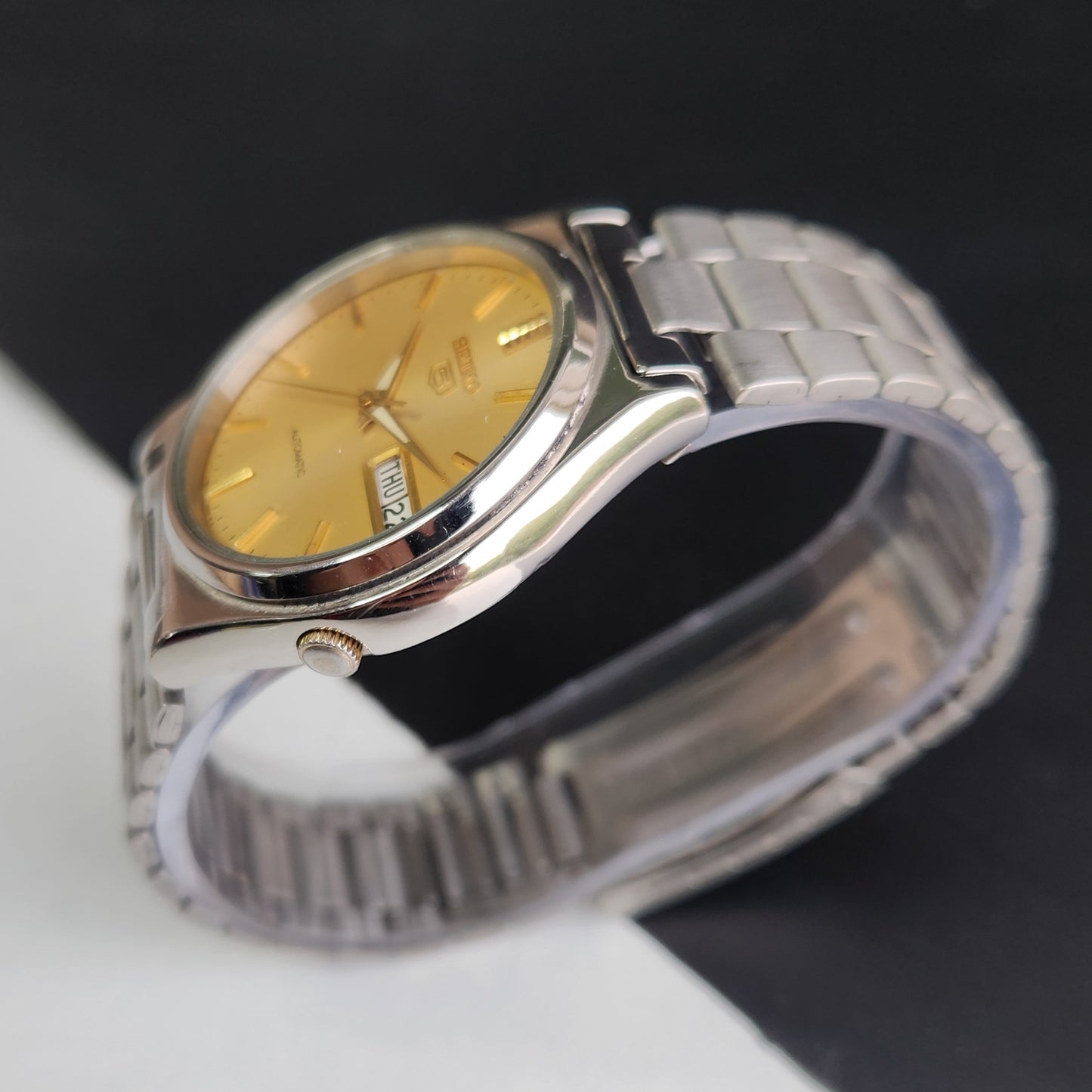 Vintage 1996 Original Seiko 5 Automatic 7S26-3160 Golden Face 21 Jewels Day-Date Japanese Men's Wrist Watch EG11