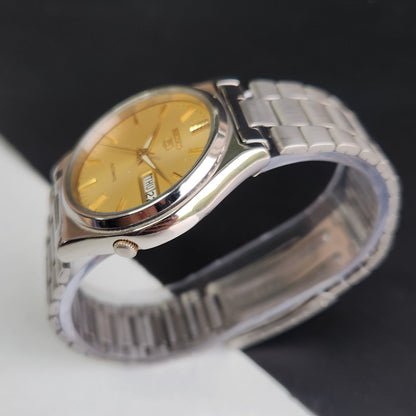 Vintage 1996 Original Seiko 5 Automatic 7S26-3160 Golden Face 21 Jewels Day-Date Japanese Men's Wrist Watch EG11