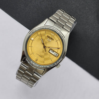 Vintage 1969 Original Seiko 5 Automatic 7019-8180 Golden Face 21 Jewels Day-Date Japanese Men's Wrist Watch EG19
