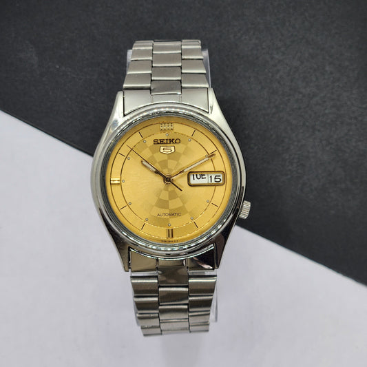 Vintage 1969 Original Seiko 5 Automatic 7019-8180 Golden Face 21 Jewels Day-Date Japanese Men's Wrist Watch EG19