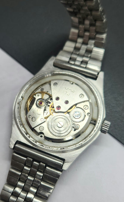 Vintage Original HMT Deepak Hand Winding 17 Jewels White Face Silver Band Men's Wrist Watch F03