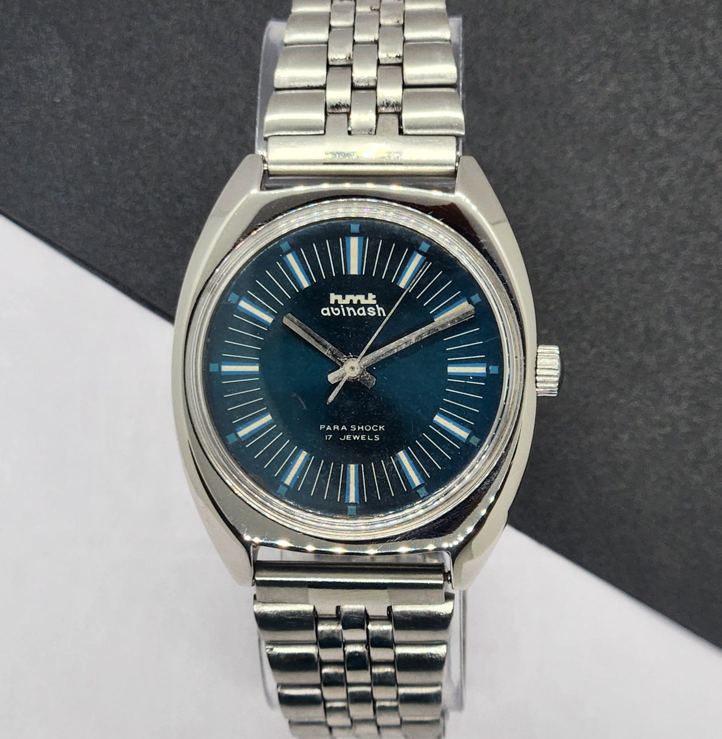 Vintage Original HMT Avinash Hand Winding 17 Jewels Blue Face Silver Band Men's Wrist Watch F05
