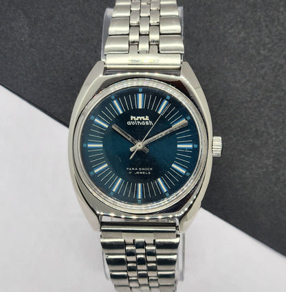Vintage Original HMT Avinash Hand Winding 17 Jewels Blue Face Silver Band Men's Wrist Watch F05